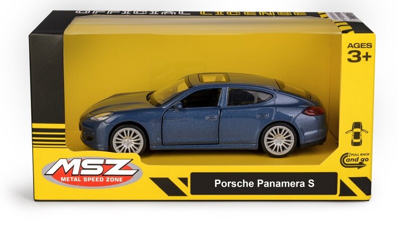 Model samochodu Porsche Panamera S w kolorze niebieskim znajduje się w żółtym opakowaniu z przezroczystym frontem. Na opakowaniu widnieje logo \'MSZ METAL SPEED ZONE\' oraz napis \'Porsche Panamera S\'.