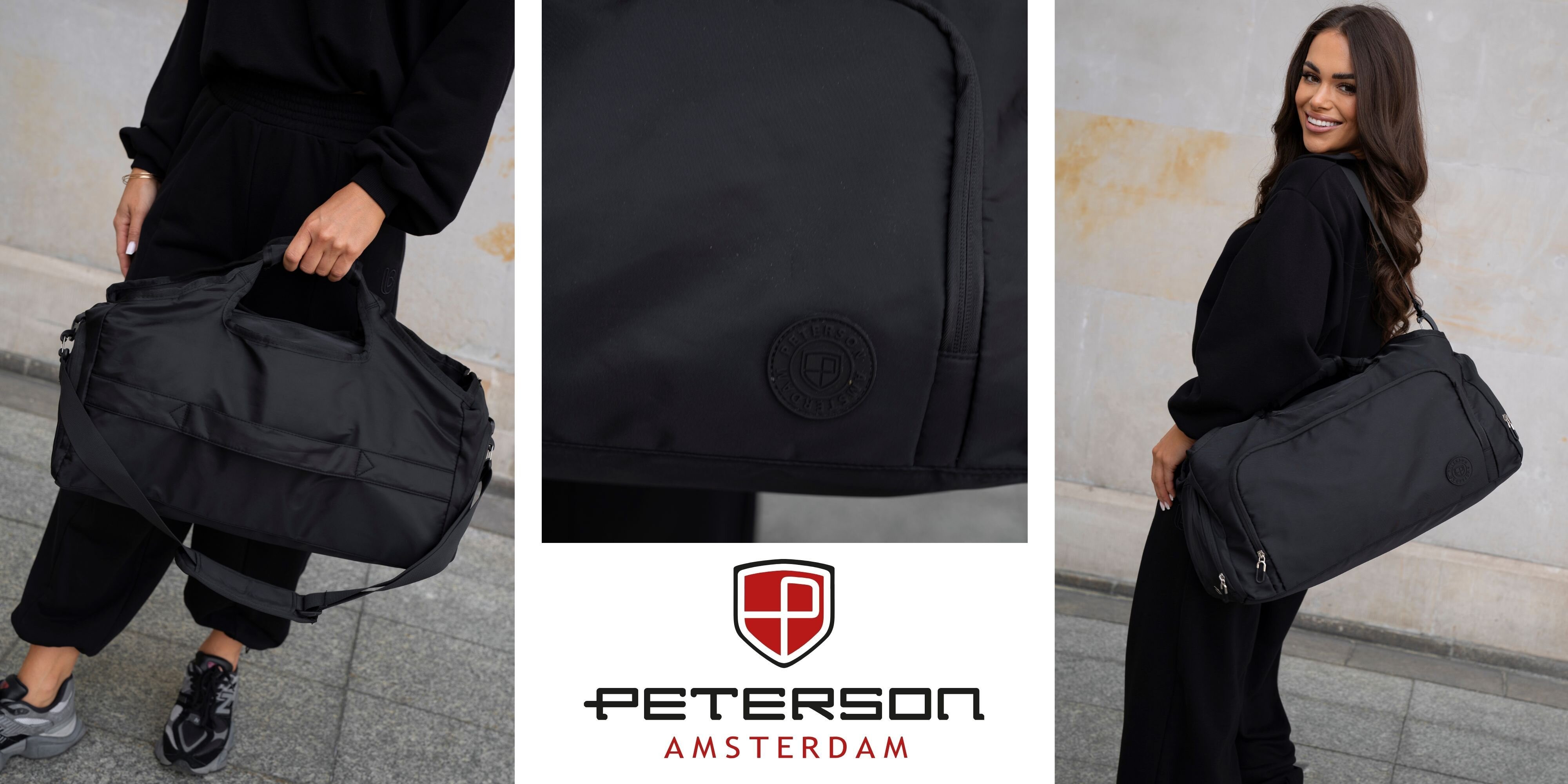 Trzy zdjęcia przedstawiają czarną torbę podróżną. Na środku widoczne jest logo \'Peterson Amsterdam\'.