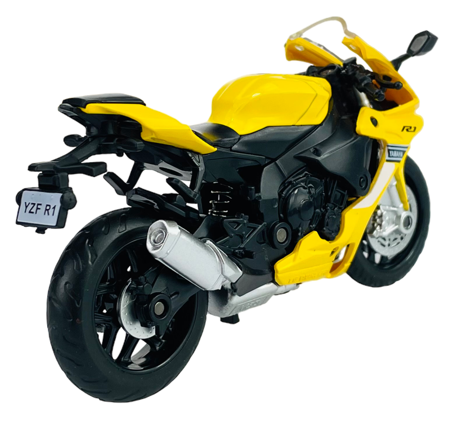 Model motocykla w kolorze żółtym z czarnymi i srebrnymi elementami, widoczny z tyłu. Na tablicy rejestracyjnej znajduje się napis \'YZF R1\'.