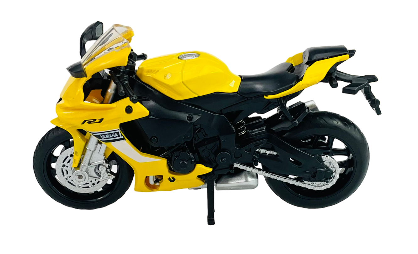 Model motocykla w skali 1:18 w kolorze żółtym z czarnymi elementami, oznaczony jako Yamaha YZF-R1. Na bocznej części widoczne są napisy \'R1\' i \'Yamaha\'.