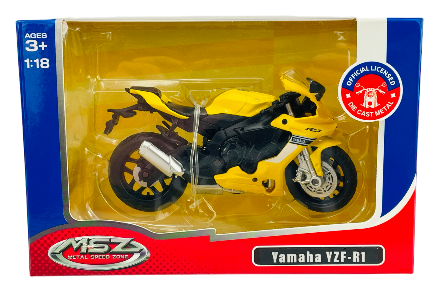 Model motocykla Yamaha YZF-R1 w kolorze żółtym znajduje się w opakowaniu z przezroczystym frontem. Na opakowaniu widnieje napis \'AGES 3+\', \'1:18\', \'MSZ METAL SPEED ZONE\', oraz \'Yamaha YZF-R1\'.