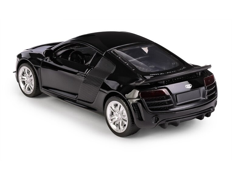 Czarny model samochodu sportowego z widocznym logo Audi z tyłu. Samochód ma srebrne felgi i ciemne szyby.