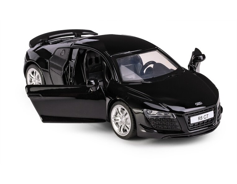 Czarny model samochodu sportowego z otwartymi drzwiami i widocznym logo Audi na masce. Na tablicy rejestracyjnej widnieje napis \'R8 GT\'.