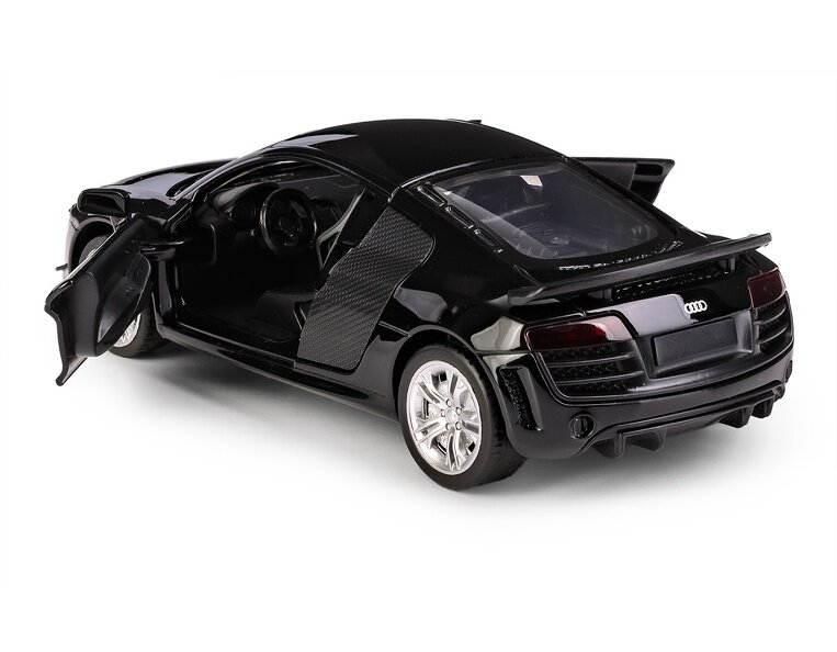 Czarny model samochodu sportowego z otwartymi drzwiami i widocznym logo Audi z tyłu. Samochód ma srebrne felgi i szczegółowo odwzorowane elementy nadwozia.