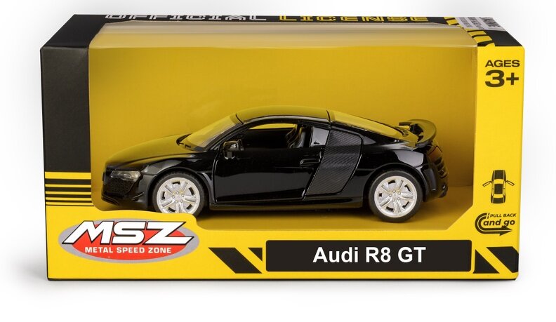 Czarny model samochodu Audi R8 GT w opakowaniu z przezroczystym frontem. Na opakowaniu widnieje napis \'MSZ Metal Speed Zone\' oraz \'Audi R8 GT\', a także oznaczenie \'Ages 3+\'.