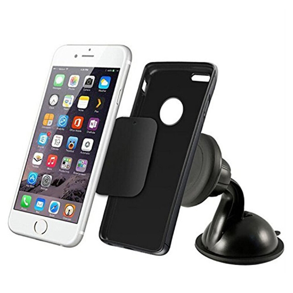 Na obrazie widoczny jest magnetyczny uchwyt samochodowy z przyssawką, obok którego znajduje się smartfon z wyświetlonymi ikonami aplikacji oraz czarne etui. Uchwyt jest przeznaczony do montażu na szybie lub desce rozdzielczej.