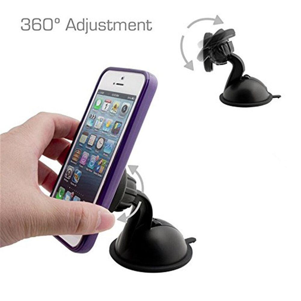 Obraz przedstawia rękę trzymającą telefon zamocowany na magnetycznym uchwycie samochodowym z przyssawką. Widoczny jest napis \'360° Adjustment\' oraz schematyczne strzałki wskazujące możliwość regulacji uchwytu.