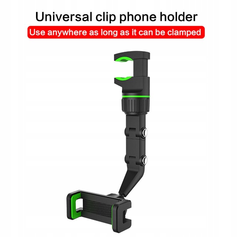 Na obrazie znajduje się czarny uchwyt do telefonu z zielonymi akcentami, przeznaczony do montażu na lusterku wstecznym. Widoczny jest tekst: \'Universal clip phone holder\' oraz \'Use anywhere as long as it can be clamped\'.