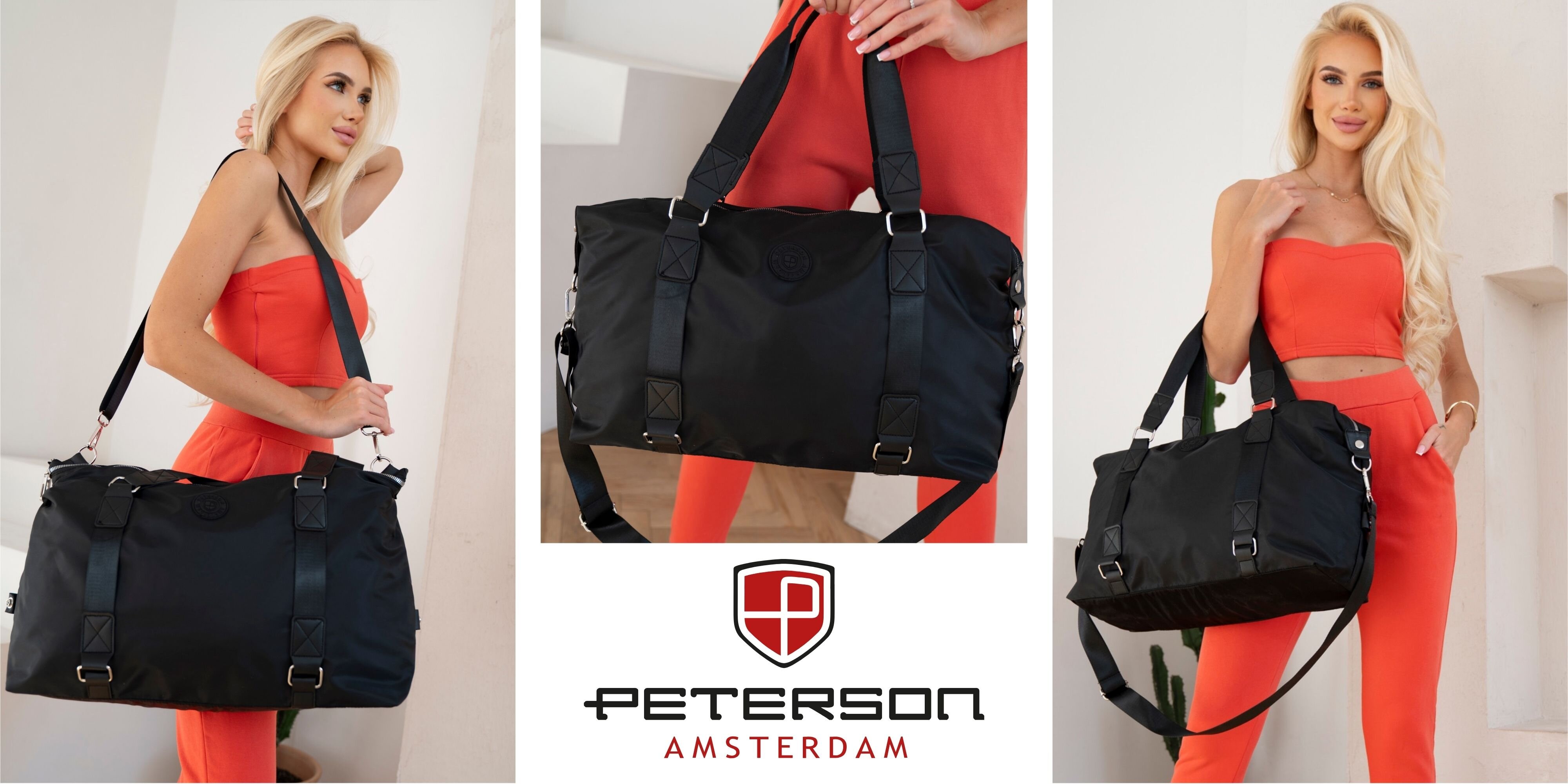 Na obrazie widoczna jest czarna torba sportowa na ramię z logo \'Peterson Amsterdam\'. Torba prezentowana jest przez osobę ubraną w czerwony strój.
