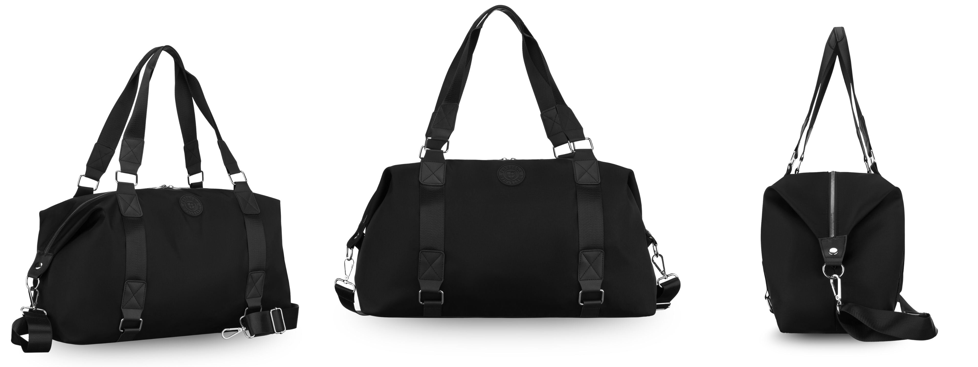 Trzy ujęcia czarnej torby sportowej z długimi uchwytami i paskiem na ramię. Torba ma prosty, elegancki design z metalowymi elementami przy uchwytach.