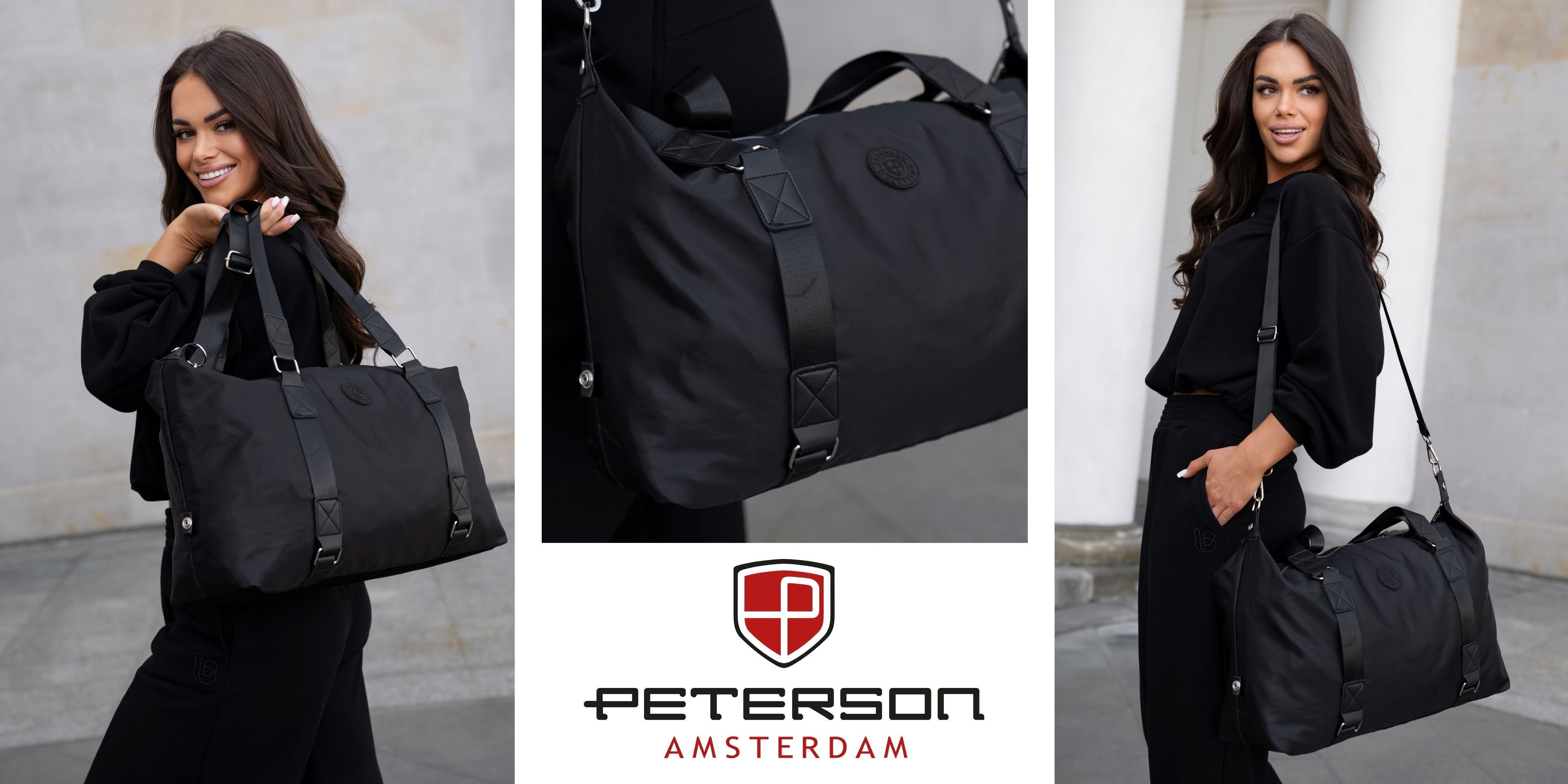 Na obrazie widoczna jest czarna torba sportowa na ramię z logo \'Peterson Amsterdam\'. Torba prezentowana jest przez osobę w czarnym stroju na tle jasnych ścian.