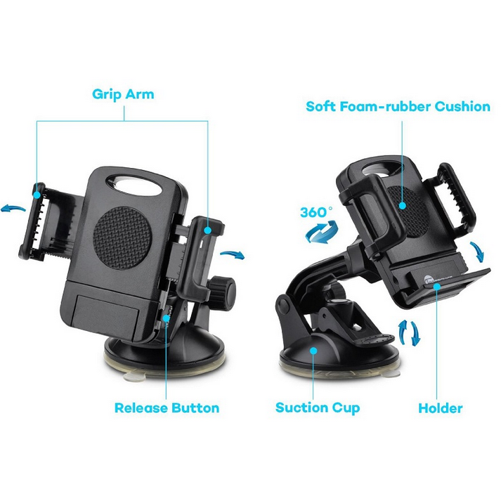 Obraz przedstawia uniwersalny uchwyt samochodowy do telefonu z przyssawką, z oznaczeniami: \'Grip Arm\', \'Release Button\', \'Soft Foam-rubber Cushion\', \'360°\', \'Suction Cup\', \'Holder\'. Uchwyt posiada regulowane ramię i możliwość obrotu o 360 stopni.
