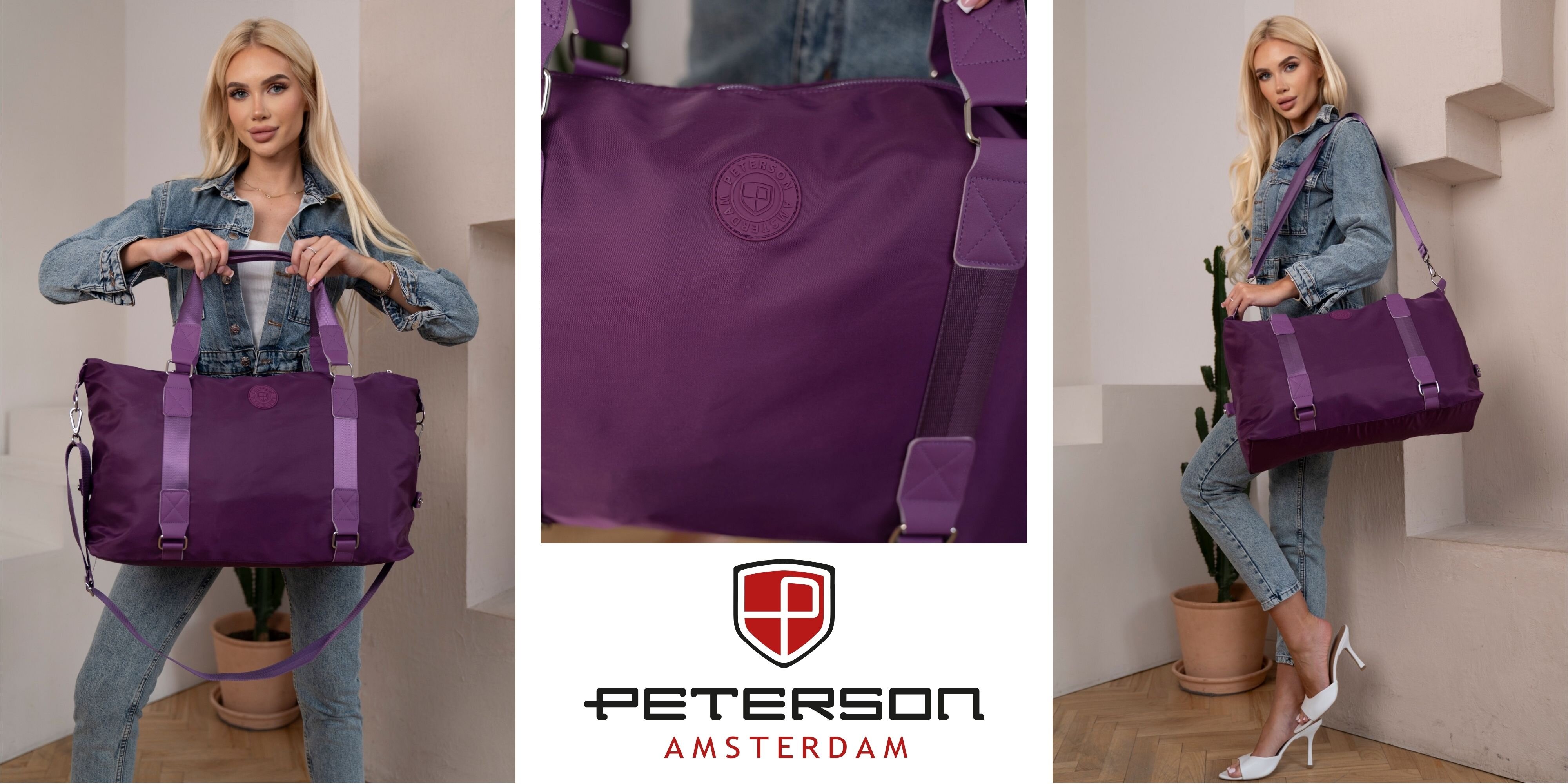 Na obrazie widoczna jest fioletowa torba sportowa na ramię z logo \'Peterson Amsterdam\'. Torba prezentowana jest przez osobę w dżinsowym stroju, a w tle znajduje się roślina w doniczce.