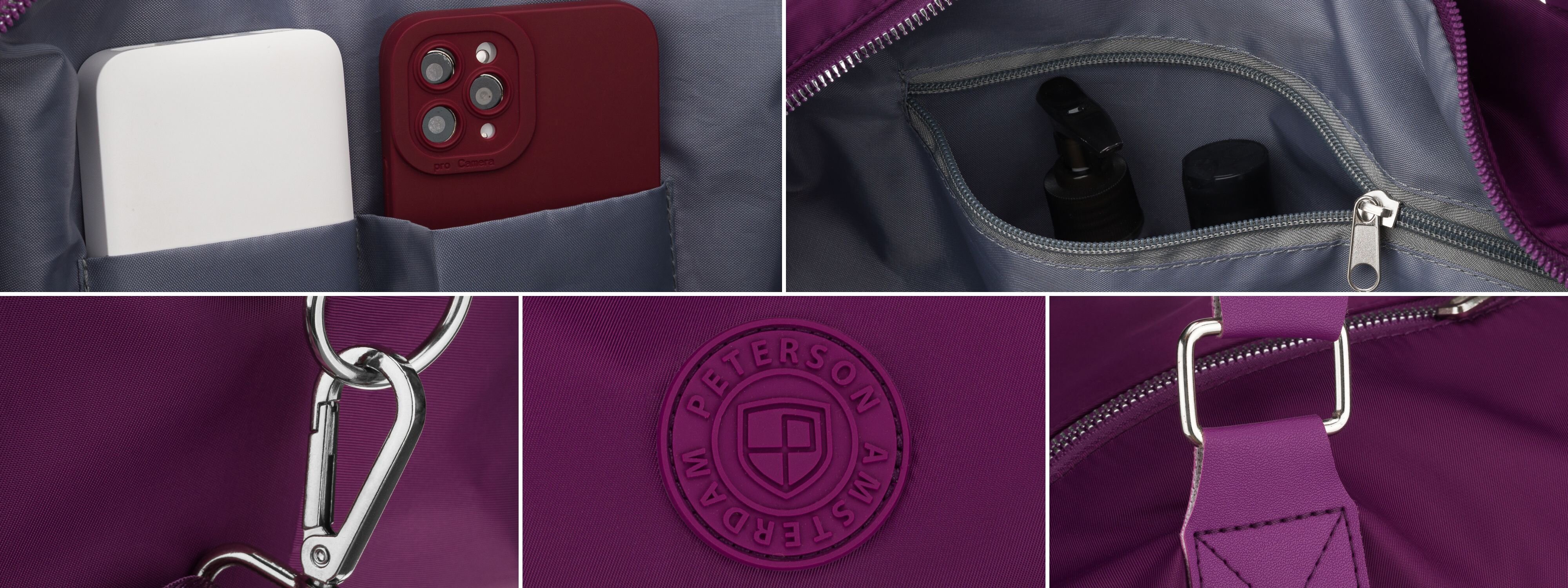 Zdjęcie przedstawia fioletową torbę z kilkoma kieszeniami, w których znajdują się przedmioty takie jak telefon i butelki. Na torbie widoczne jest logo z napisem \'PETERSON AMSTERDAM\'.