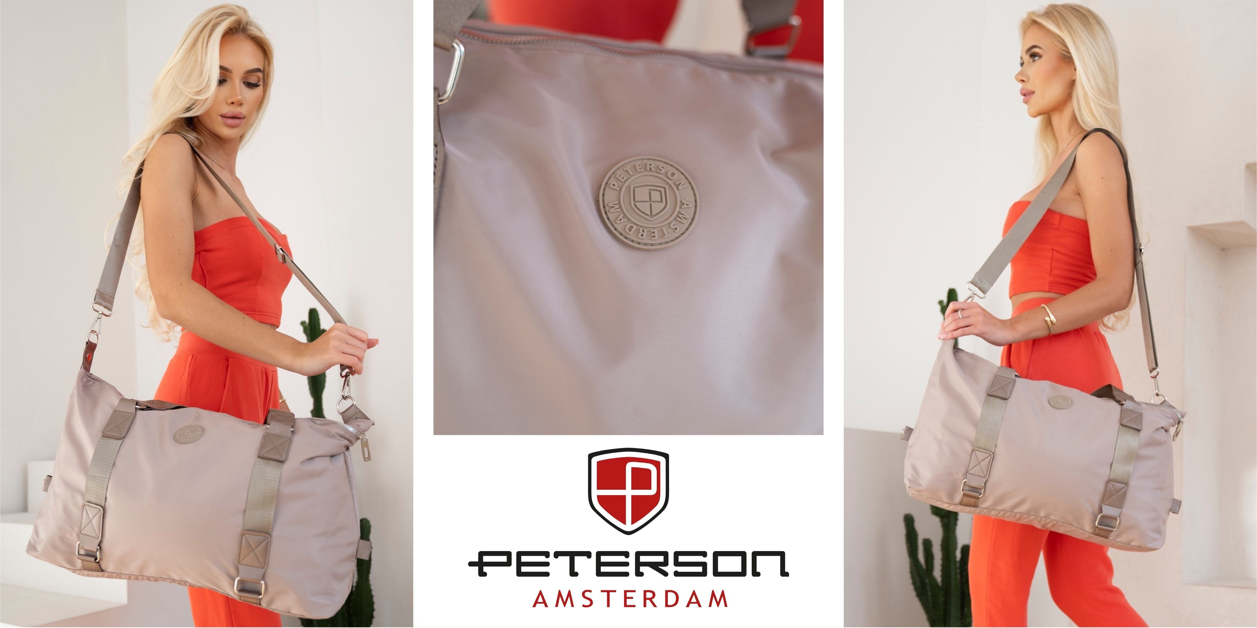 Na obrazie widoczna jest brązowa torba sportowa na ramię z logo \'Peterson Amsterdam\'. Torba prezentowana jest przez osobę w czerwonym stroju, a w tle znajduje się kaktus.