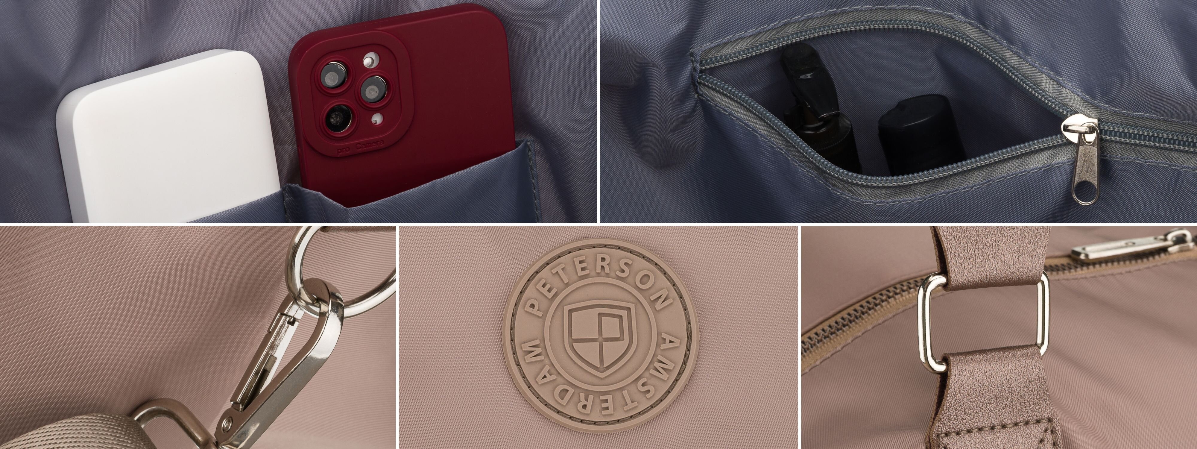Zdjęcie przedstawia wnętrze torby z kilkoma kieszeniami, w których znajdują się przedmioty takie jak telefon i powerbank. Na jednym z elementów torby widoczne jest logo \'Peterson Amsterdam\'.