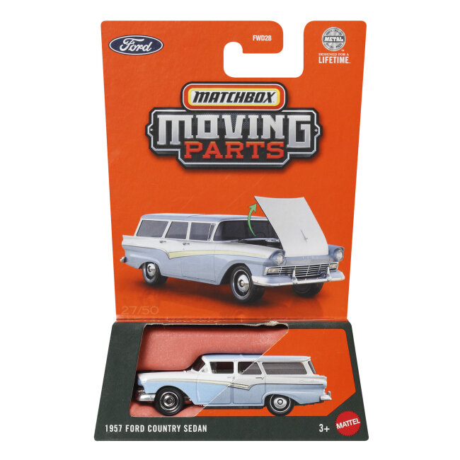 Opakowanie zabawki Matchbox Moving Parts z modelem samochodu 1957 Ford Country Sedan. Widoczny jest model samochodu w kolorze niebieskim z otwartą maską oraz logo Ford i Mattel.
