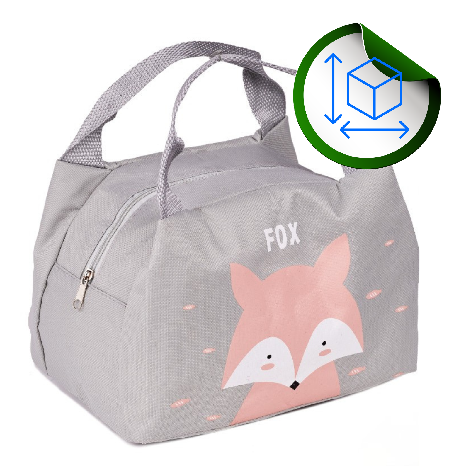 Szara torba termiczna z nadrukiem lisa i napisem \'FOX\'. Obok torby znajduje się zielona ikona z symbolem wymiarów sześcianu.