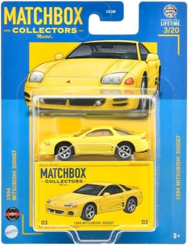 Opakowanie z modelem samochodu w kolorze żółtym, oznaczone jako \'Matchbox Collectors\'. Widoczny tekst: \'1994 Mitsubishi 3000GT\', \'3/20\', \'Mattel\'.