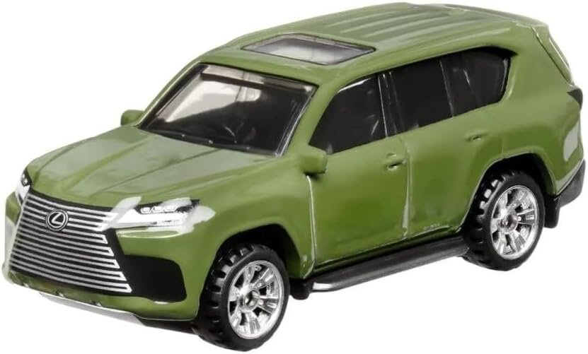 Zielony model samochodu terenowego z logo Lexus na przednim grillu, posiadający srebrne felgi i przezroczysty dach.
