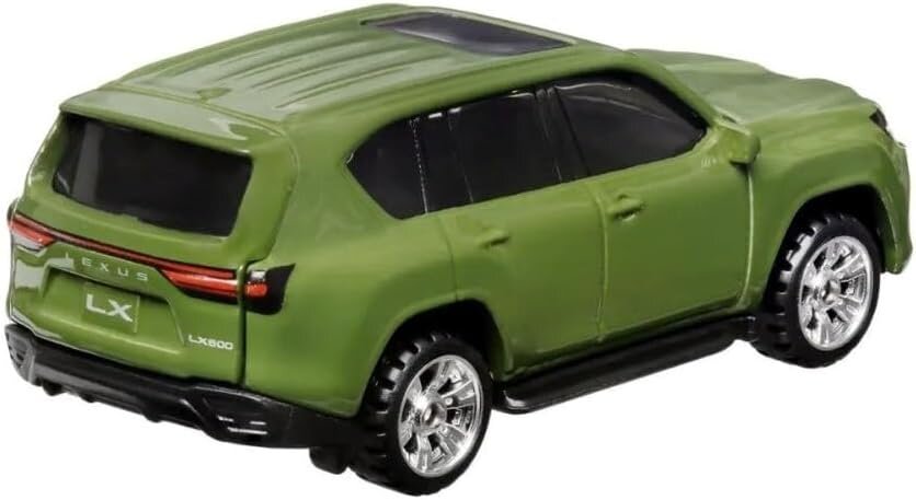 Zielony model samochodu terenowego z napisem \'Lexus LX\' i \'LX600\' z tyłu, posiada srebrne felgi i czarne szyby.
