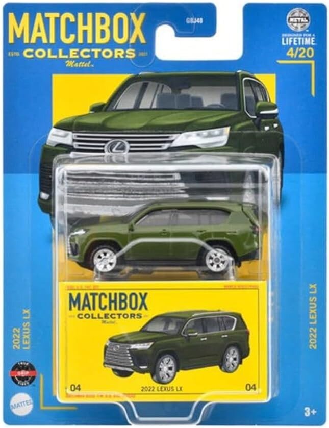 Opakowanie z modelem samochodu Matchbox Collectors 2022 Lexus LX w kolorze zielonym. Na opakowaniu widnieje napis \'MATCHBOX COLLECTORS Mattel\' oraz \'2022 LEXUS LX\'.