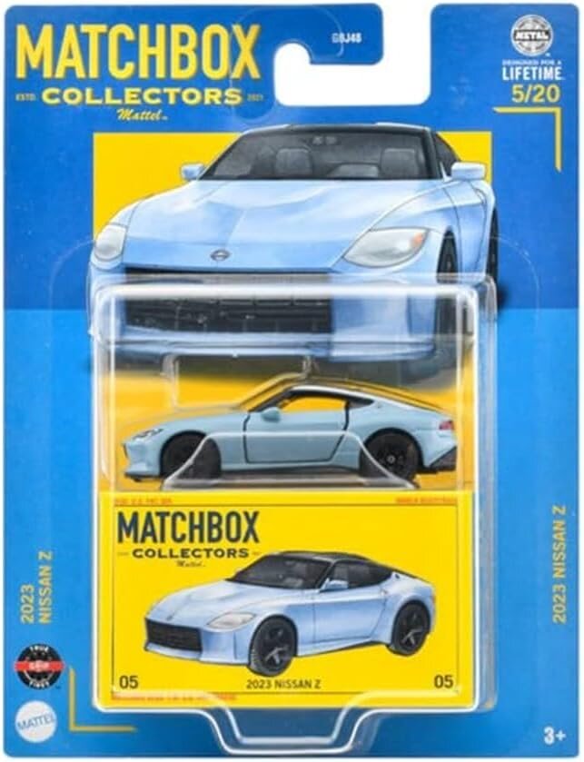 Opakowanie z modelem samochodu Matchbox Collectors 2023 Nissan Z, przedstawiające niebieski samochód w plastikowej osłonie. Na opakowaniu widnieje tekst: \'MATCHBOX COLLECTORS Mattel 2023 NISSAN Z\'.