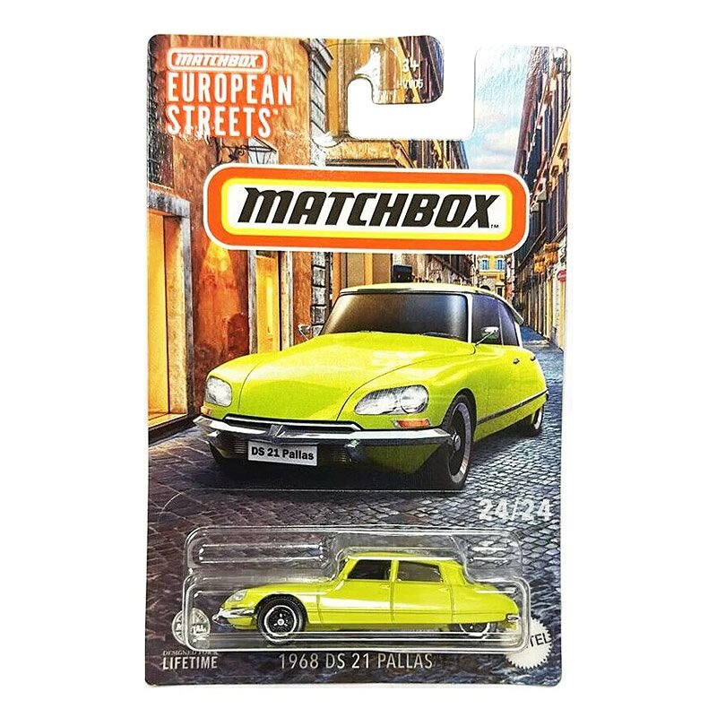 Opakowanie modelu samochodu Matchbox z serii European Streets, przedstawiające żółty samochód DS 21 Pallas z 1968 roku. Na opakowaniu widnieje napis \'Matchbox\' oraz \'1968 DS 21 Pallas\'.