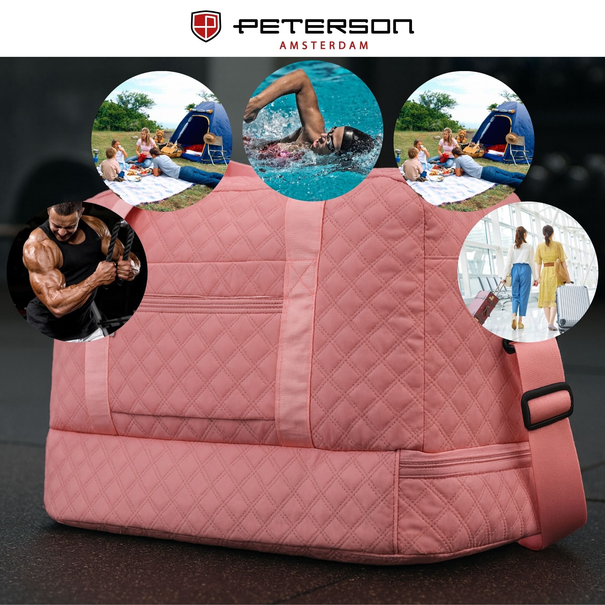 Różowa, pikowana torba sportowa z logo \'PETERSON AMSTERDAM\' na górze. W tle widoczne są okrągłe zdjęcia przedstawiające różne aktywności, takie jak pływanie, piknik i podróżowanie.