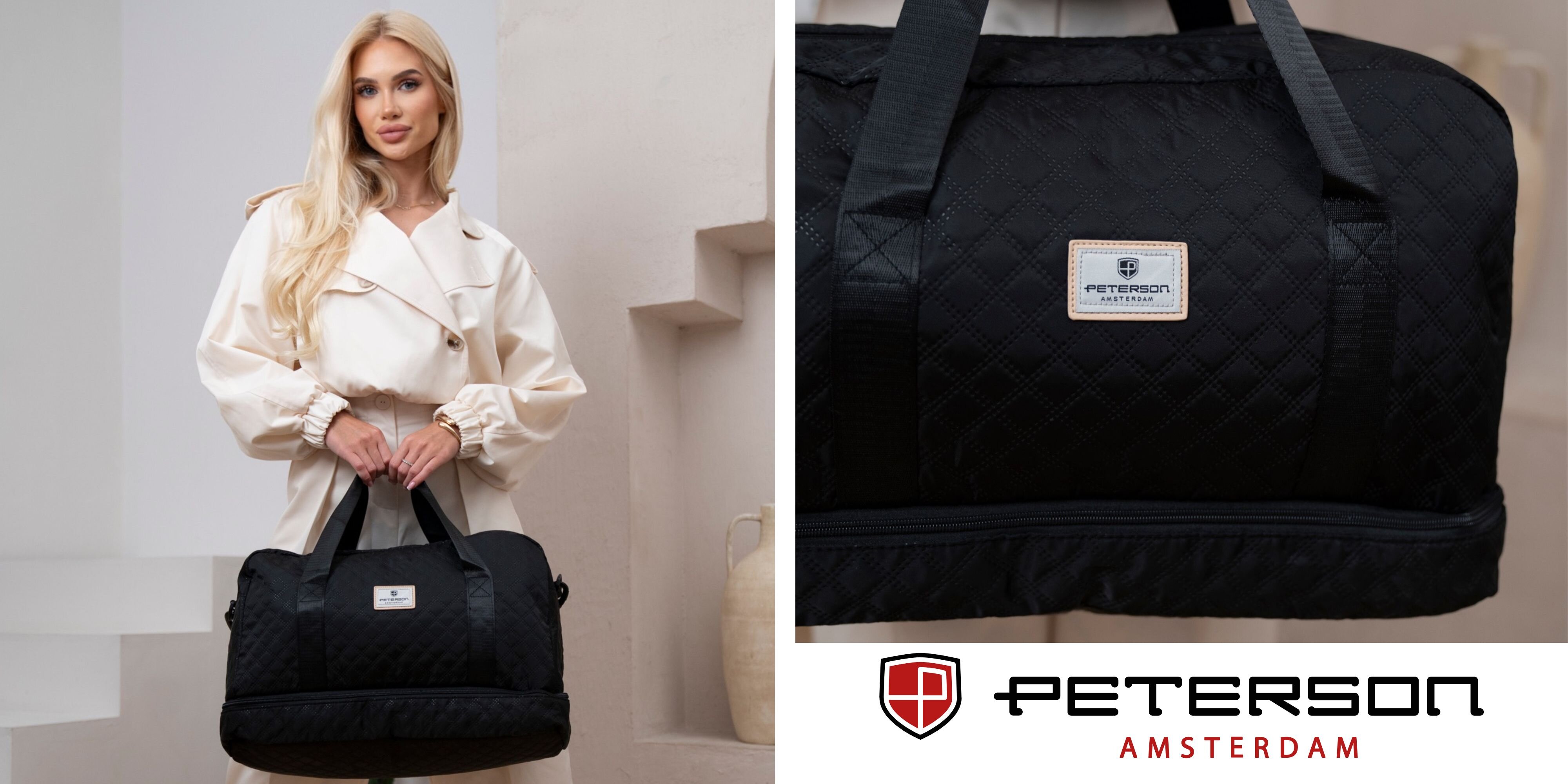 Na zdjęciu widoczna jest czarna, pikowana torba sportowa z logo \'PETERSON AMSTERDAM\'. Obok znajduje się kobieta w jasnym płaszczu trzymająca torbę.