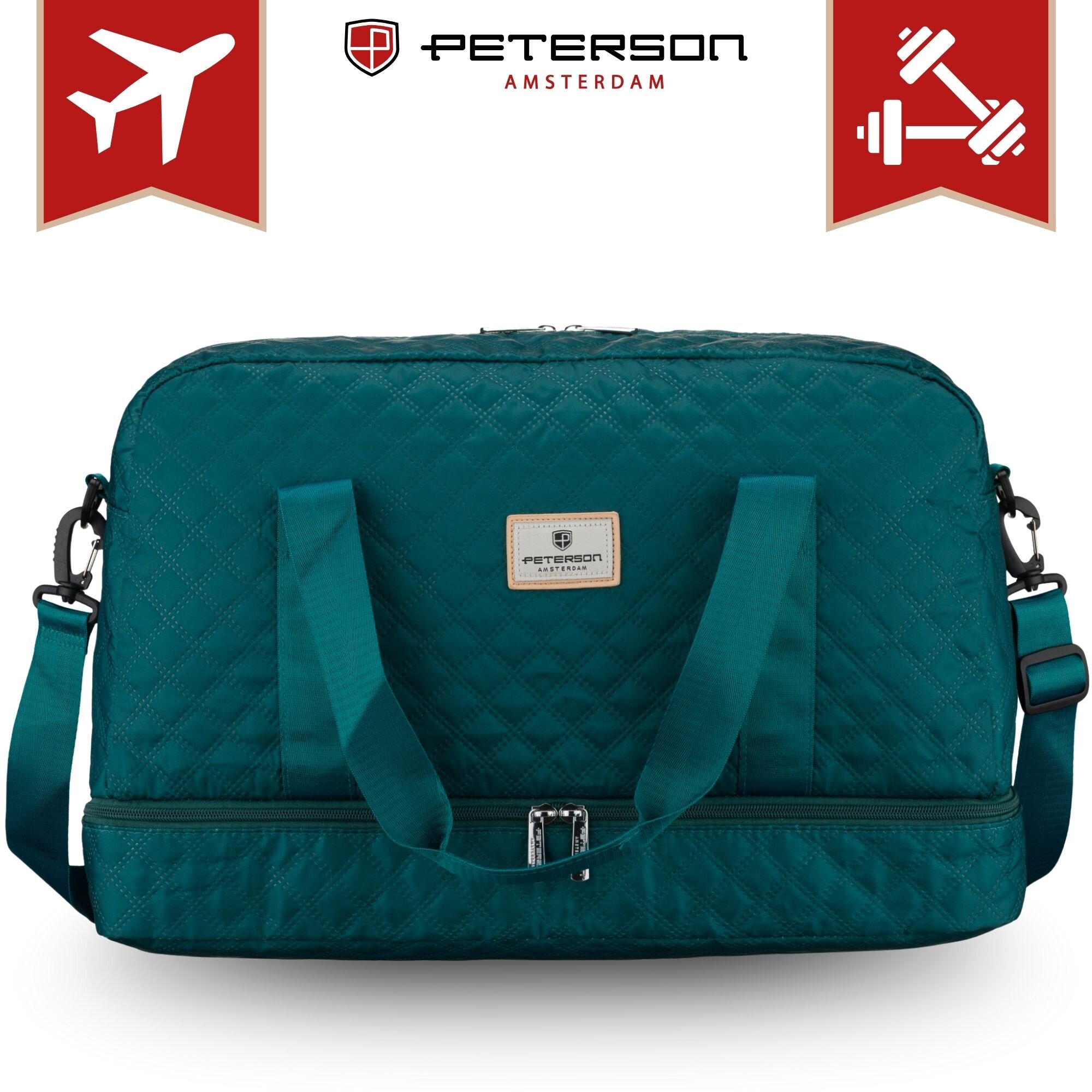 Turkusowa, pikowana torba sportowa z logo \'Peterson Amsterdam\' na przodzie. Po bokach znajdują się czerwone ikony samolotu i hantli.