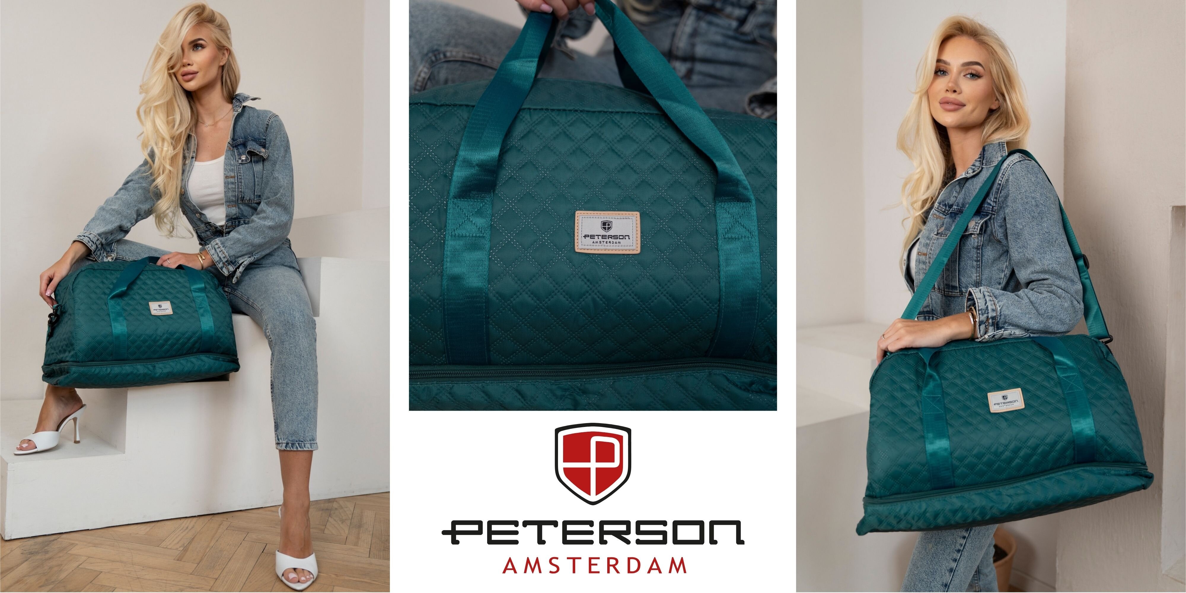 Na zdjęciu widoczna jest turkusowa, pikowana torba sportowa z logo \'Peterson Amsterdam\'. Torba jest prezentowana przez osobę siedzącą na białym siedzisku, ubraną w dżinsowy strój.