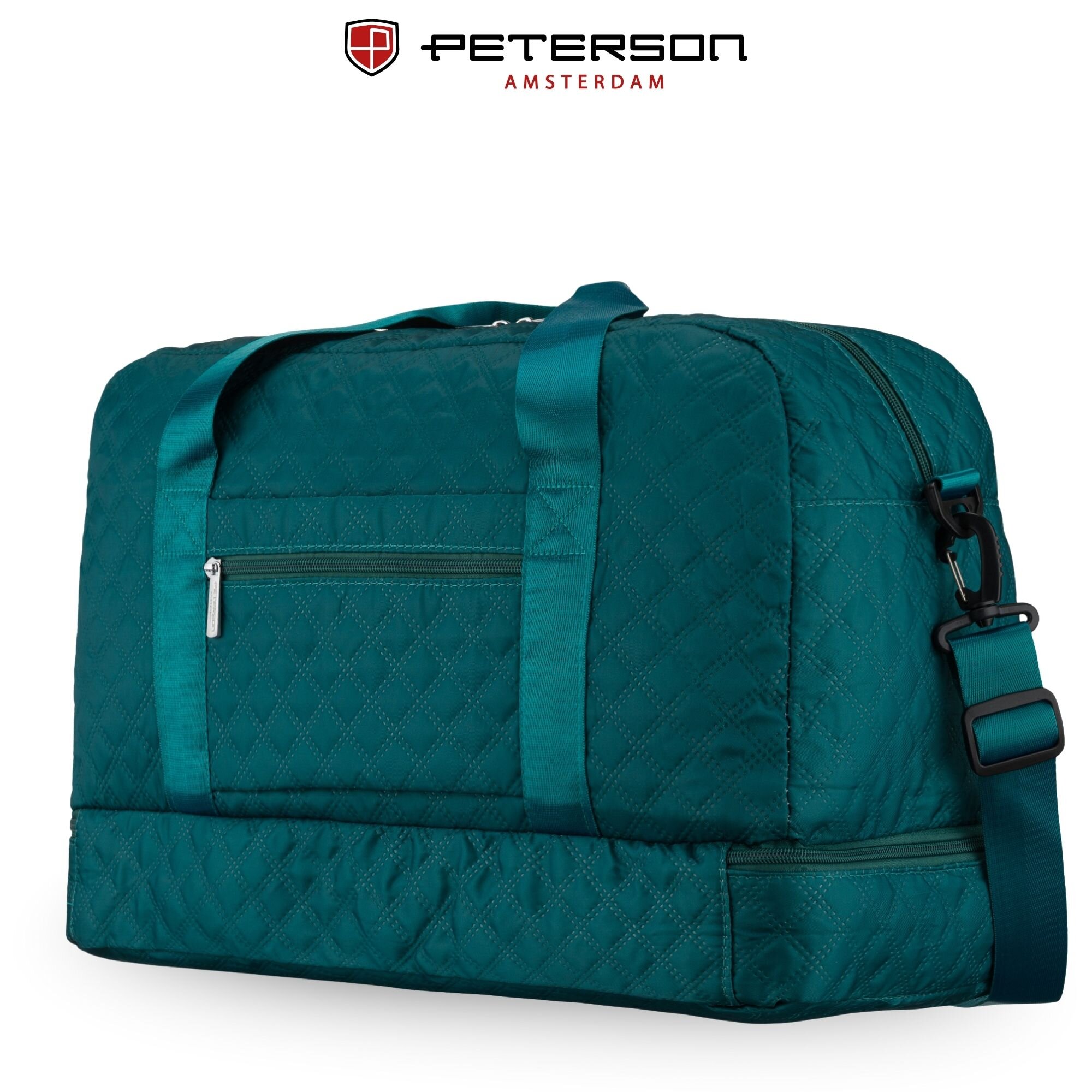 Turkusowa, pikowana torba sportowa z zamkiem błyskawicznym i kieszenią z przodu. Widoczne logo: PETERSON AMSTERDAM.
