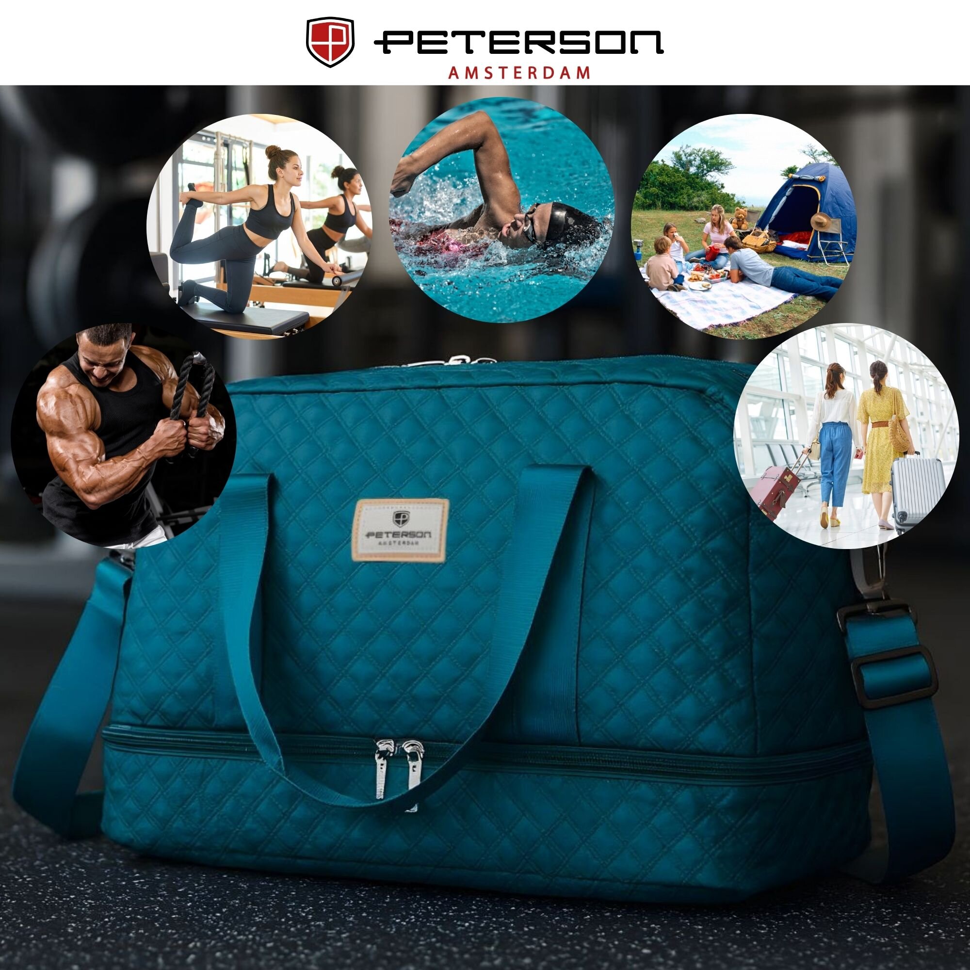 Na pierwszym planie znajduje się turkusowa, pikowana torba sportowa z logo \'Peterson Amsterdam\'. W tle widoczne są okrągłe zdjęcia przedstawiające różne aktywności, takie jak ćwiczenia na siłowni, pływanie, piknik i podróżowanie.