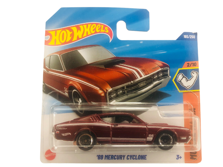 Opakowanie z modelem samochodu Hot Wheels \'69 Mercury Cyclone w kolorze czerwonym. Na opakowaniu widnieje napis: \'69 MERCURY CYCLONE\'.