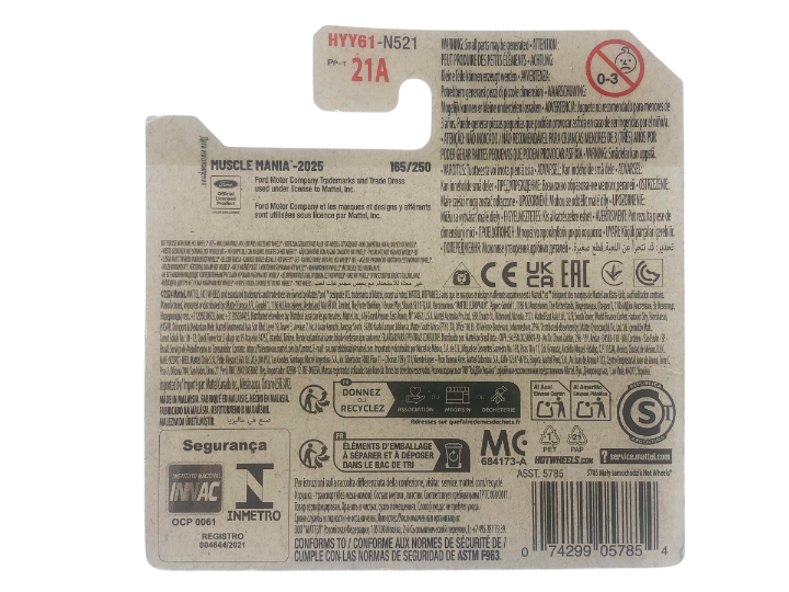 Opakowanie produktu z serii Muscle Mania z numerem 165/250, zawierające różne ostrzeżenia i informacje w kilku językach. Widoczne są symbole recyklingu, certyfikaty oraz kod kreskowy 074299057854.