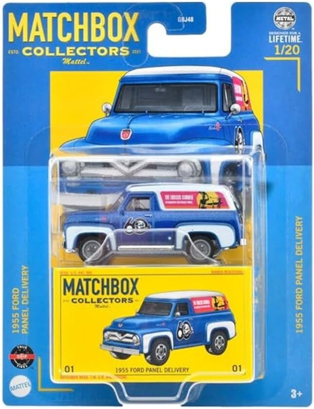 Opakowanie z modelem samochodu Matchbox Collectors 1955 Ford Panel Delivery w kolorze niebieskim. Na opakowaniu widnieje napis \'MATCHBOX COLLECTORS Mattel\' oraz \'1955 FORD PANEL DELIVERY\'.