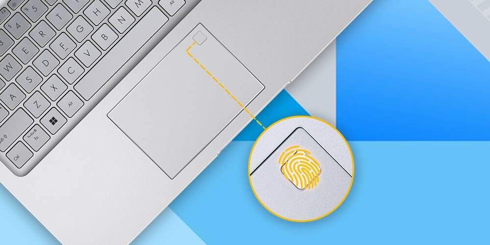 Zbliżenie na touchpad laptopa z zaznaczonym czytnikiem linii papilarnych w prawym górnym rogu. Obok znajduje się powiększenie przedstawiające szczegóły czytnika z żółtym wzorem odcisku palca.