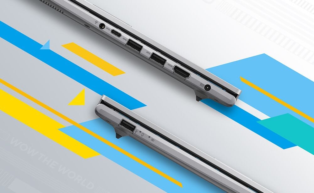 Obraz przedstawia dwa profile laptopa z widocznymi portami USB, HDMI i gniazdem zasilania. Tło jest ozdobione kolorowymi, geometrycznymi wzorami w odcieniach niebieskiego i żółtego.