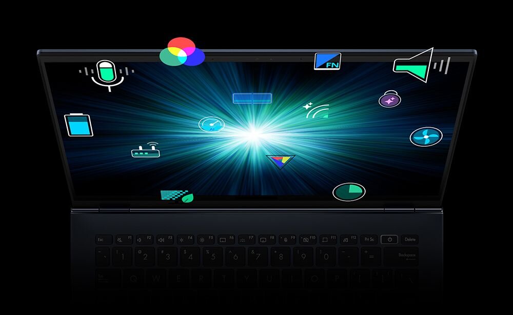 Obraz przedstawia otwarty laptop z ekranem wyświetlającym różne kolorowe ikony i efekty świetlne. Na ekranie widoczne są symbole takie jak mikrofon, bateria, głośnik i inne graficzne elementy.