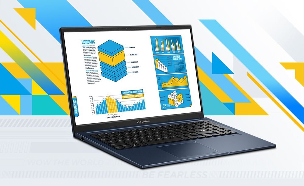 Laptop z otwartym ekranem wyświetlającym kolorowe wykresy i tekst \'LOREMIS\'. Na obudowie widoczne jest logo \'ASUS Vivobook\'.