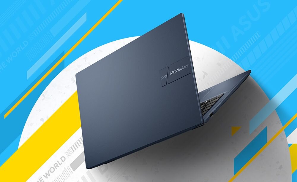 Na obrazie widoczny jest laptop w kolorze ciemnoszarym z logo \'ASUS Vivobook\' na pokrywie. Tło jest kolorowe, z elementami w odcieniach niebieskiego, żółtego i białego.