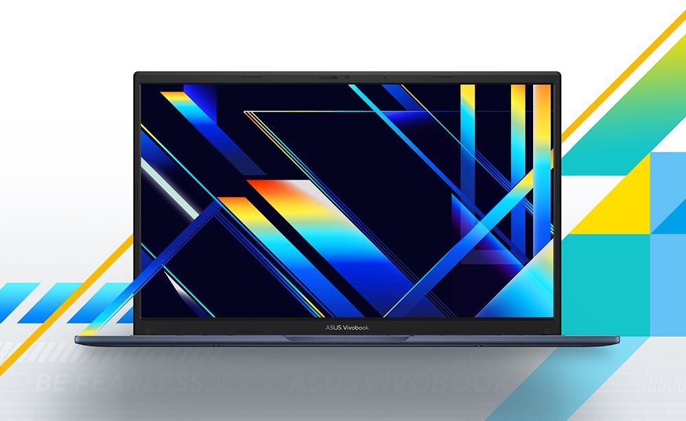 Laptop z wyświetlaczem pokazującym kolorową, abstrakcyjną grafikę z liniami i gradientami. Na dolnej ramce ekranu widoczny jest napis \'ASUS Vivobook\'.