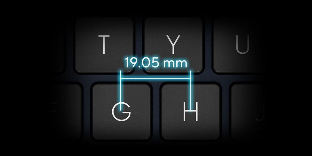 Obraz przedstawia klawiaturę z klawiszami T, Y, G, H, U. Nad klawiszami G i H widoczny jest napis \'19.05 mm\'.