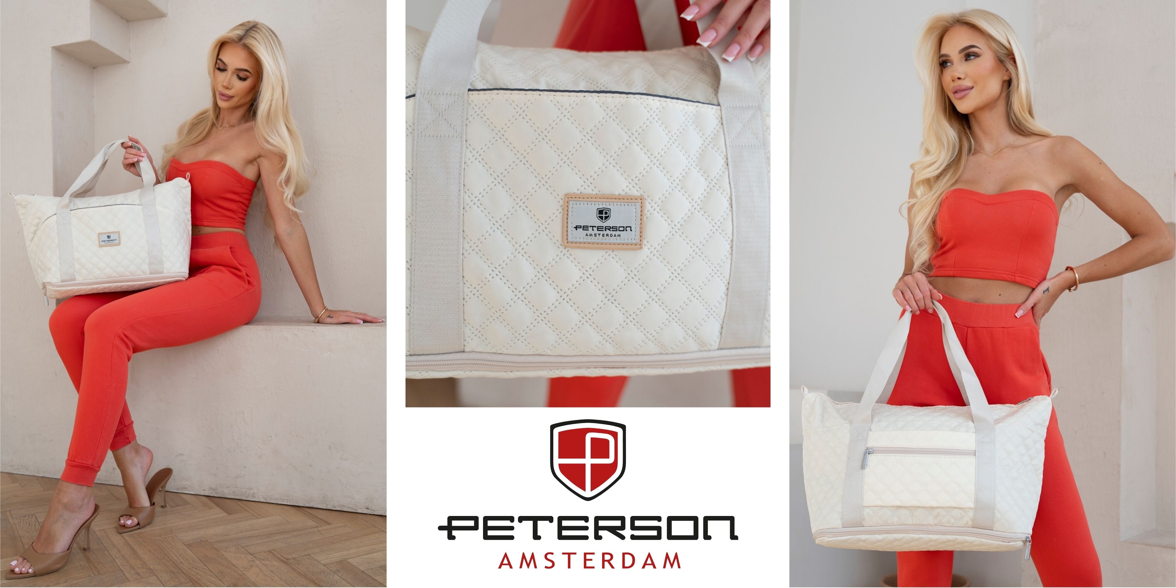 Trzy zdjęcia przedstawiają beżową, pikowaną torbę damską na ramię marki Peterson. Na środku znajduje się logo \'Peterson Amsterdam\'.