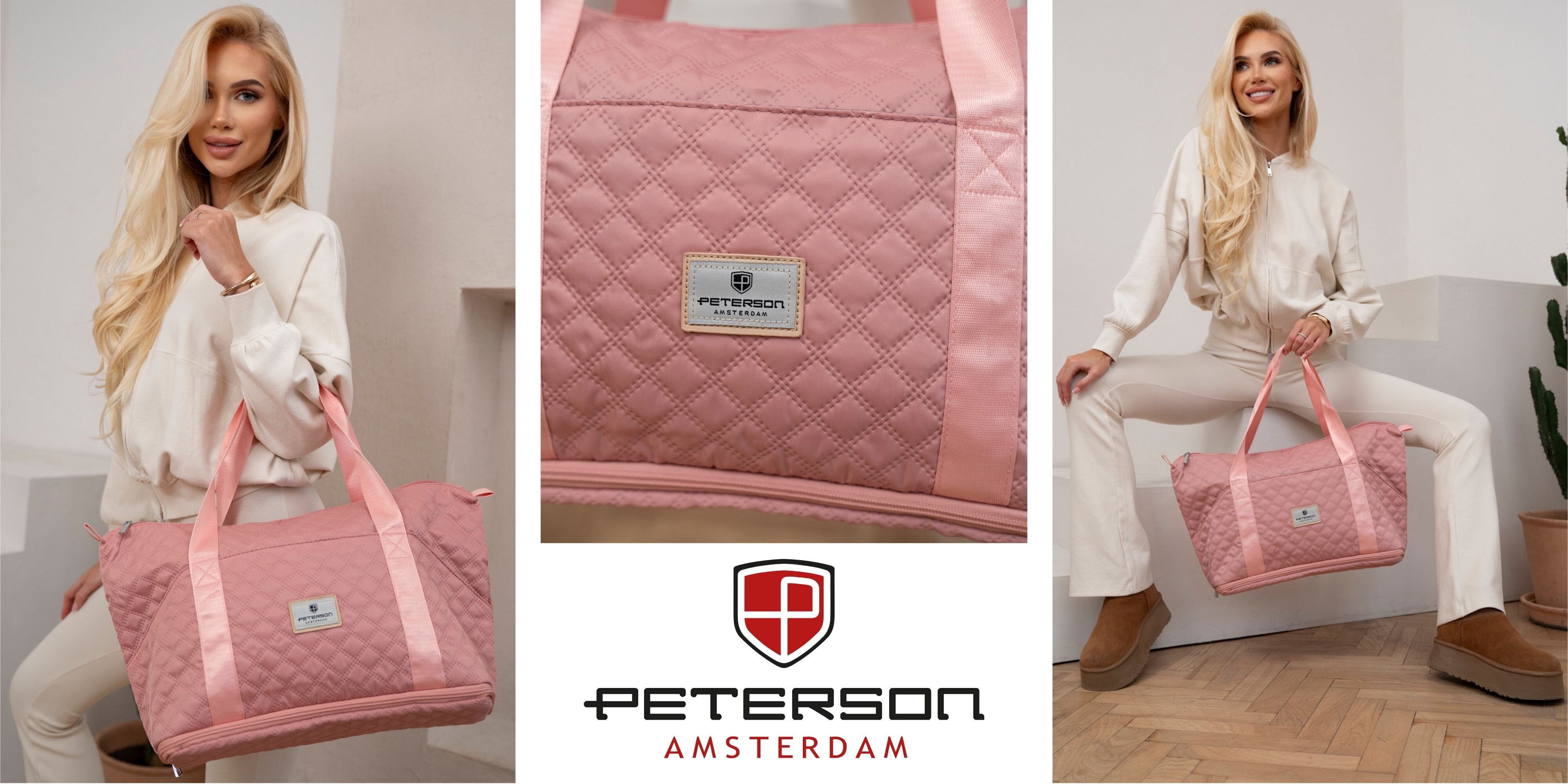 Na obrazie widoczna jest różowa, pikowana torba sportowa z logo \'Peterson Amsterdam\'. Torba prezentowana jest przez osobę w jasnym stroju, a na środku znajduje się zbliżenie na detal z logo.