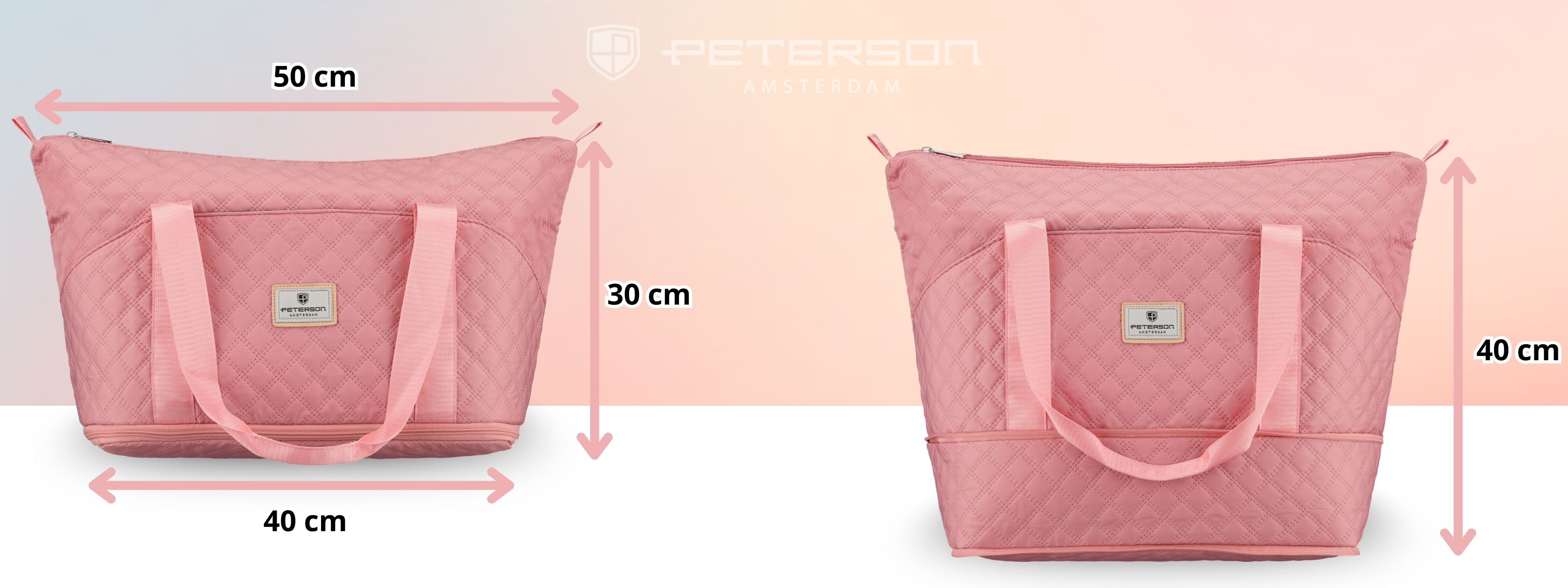 Obraz przedstawia dwie różowe, pikowane torby sportowe na ramię z logo \'Peterson Amsterdam\'. Wymiary torby po lewej to 50 cm szerokości i 30 cm wysokości, a po prawej 40 cm szerokości i 40 cm wysokości.