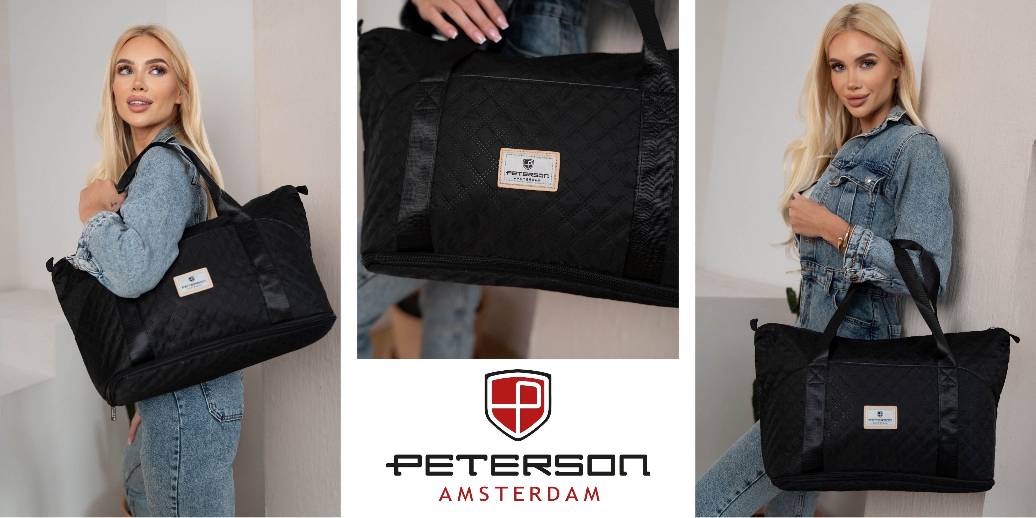 Na obrazie widoczna jest czarna, pikowana torba damska na ramię z logo \'Peterson Amsterdam\'. Torba prezentowana jest przez osobę w dżinsowej kurtce.