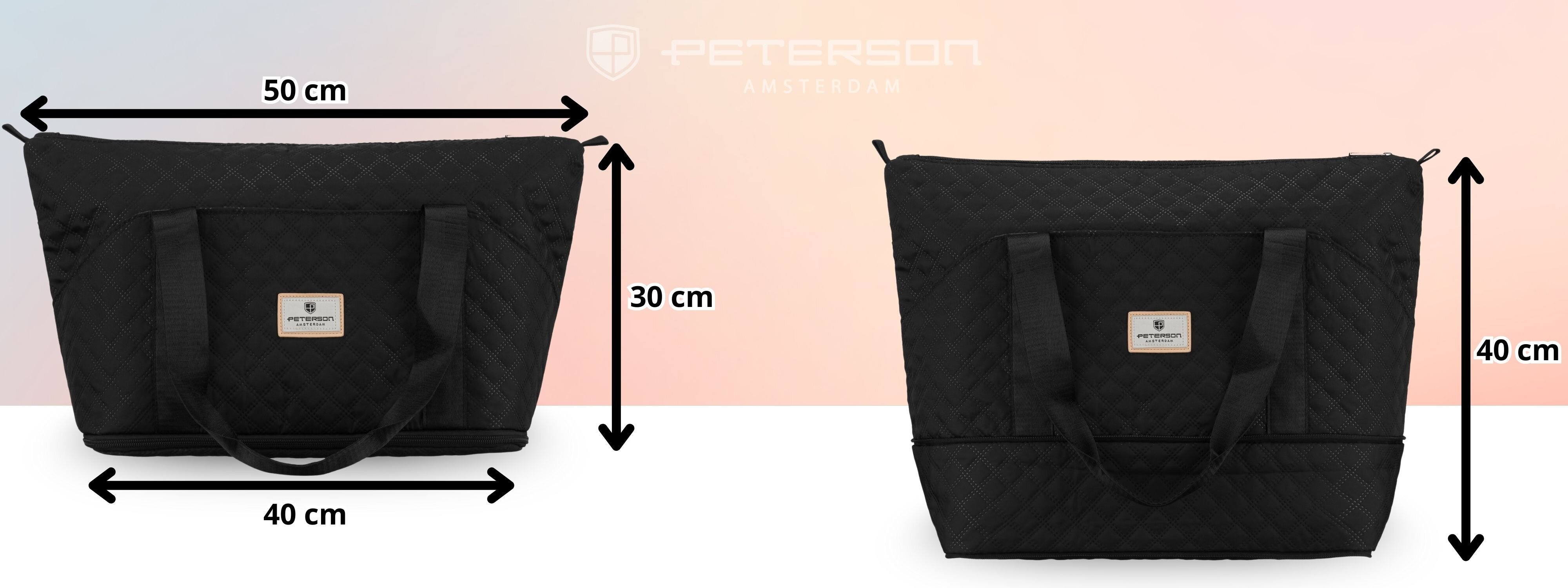 Obraz przedstawia dwie czarne, pikowane torby sportowe na ramię z logo \'Peterson\' na przodzie. Wymiary toreb to 50 cm x 30 cm i 40 cm x 40 cm.
