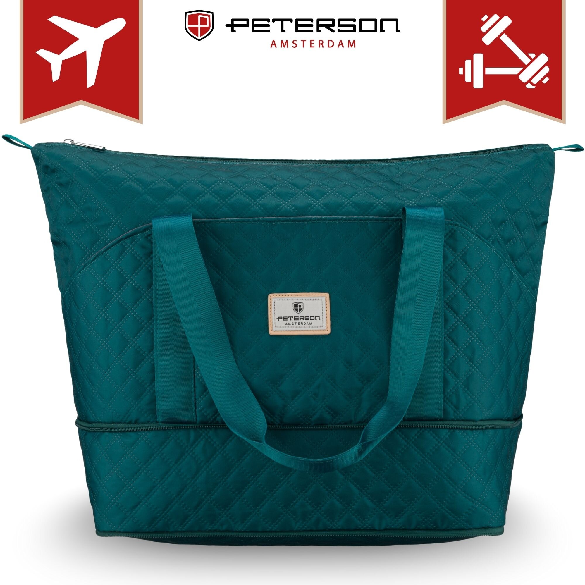 Turkusowa, pikowana torba sportowa na ramię z logo \'Peterson Amsterdam\' na przodzie. Po bokach widoczne są ikony samolotu i hantli na czerwonym tle.
